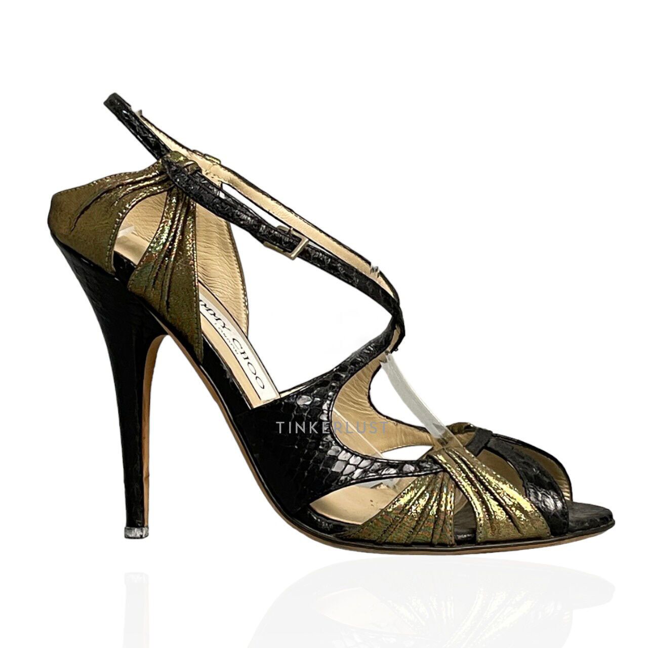 sepatu heels Jimmy Choo Kala Snake Black Gold Heels Tinkerlust