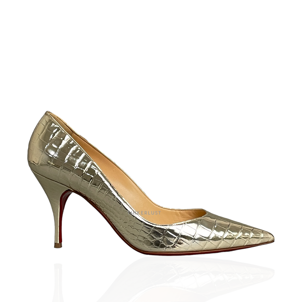 sepatu heels Christian Louboutin Clare 80 Platine Metallo Cocco Heels Tinkerlust