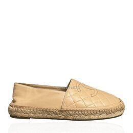 Chanel Beige Leather CC Quilted Espadrilles Flats