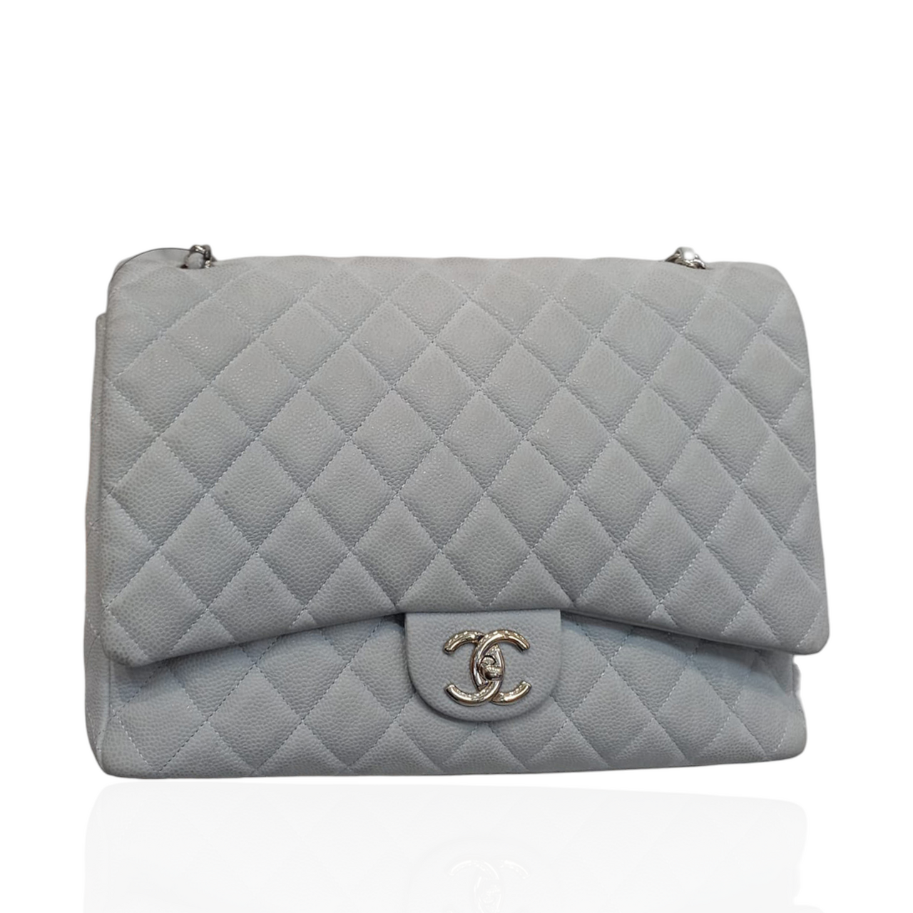 tas shoulder bag Chanel Classic Maxi Caviar Double Flap Bag Grey