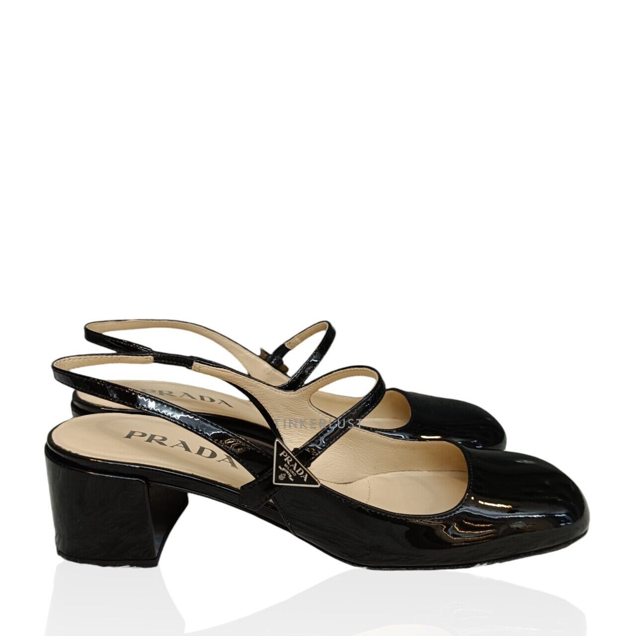 靴 PRADA square toe patent strap heels sepatu heels Prada Square Toe Slingback Patent Leather Black