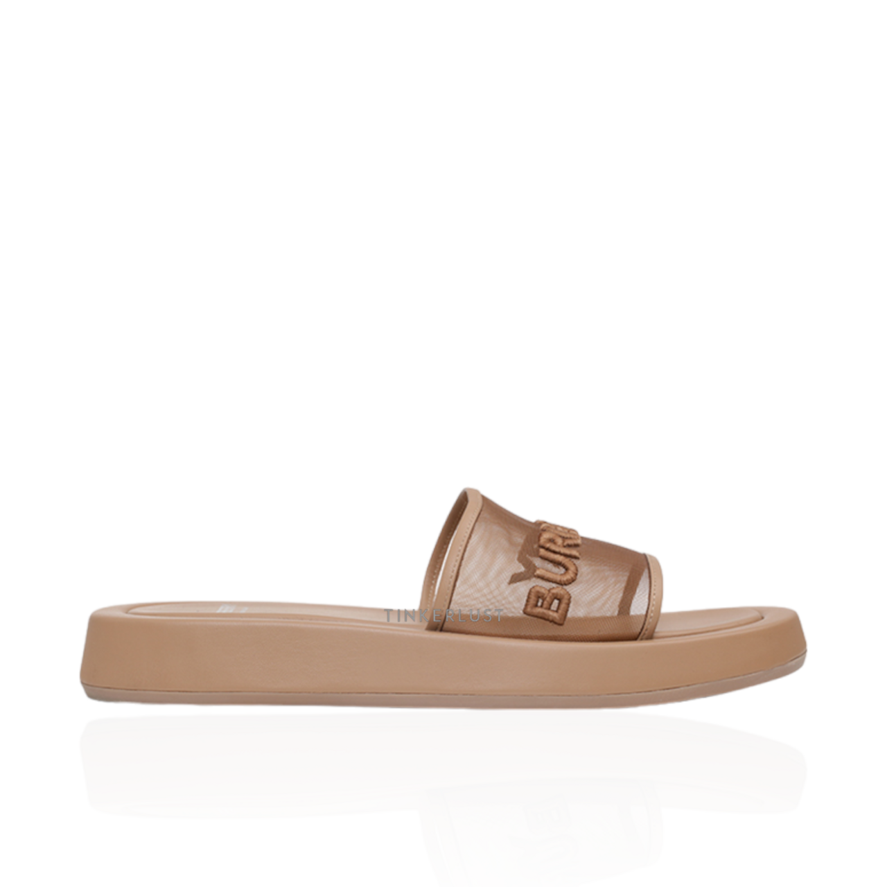 sepatu sandals BURBERRY Women Embroidered Logo Buckingham Slides in Camel Mesh x Leather Tinkerlust