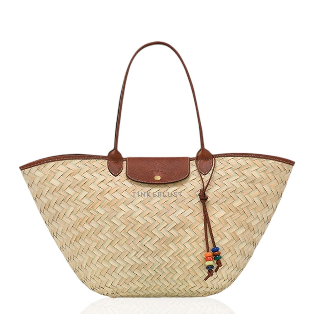 tas satchel Longchamp XL Le Pliage Panier Basket Bag in Brown Palm Straw Tote Bag Tinkerlust