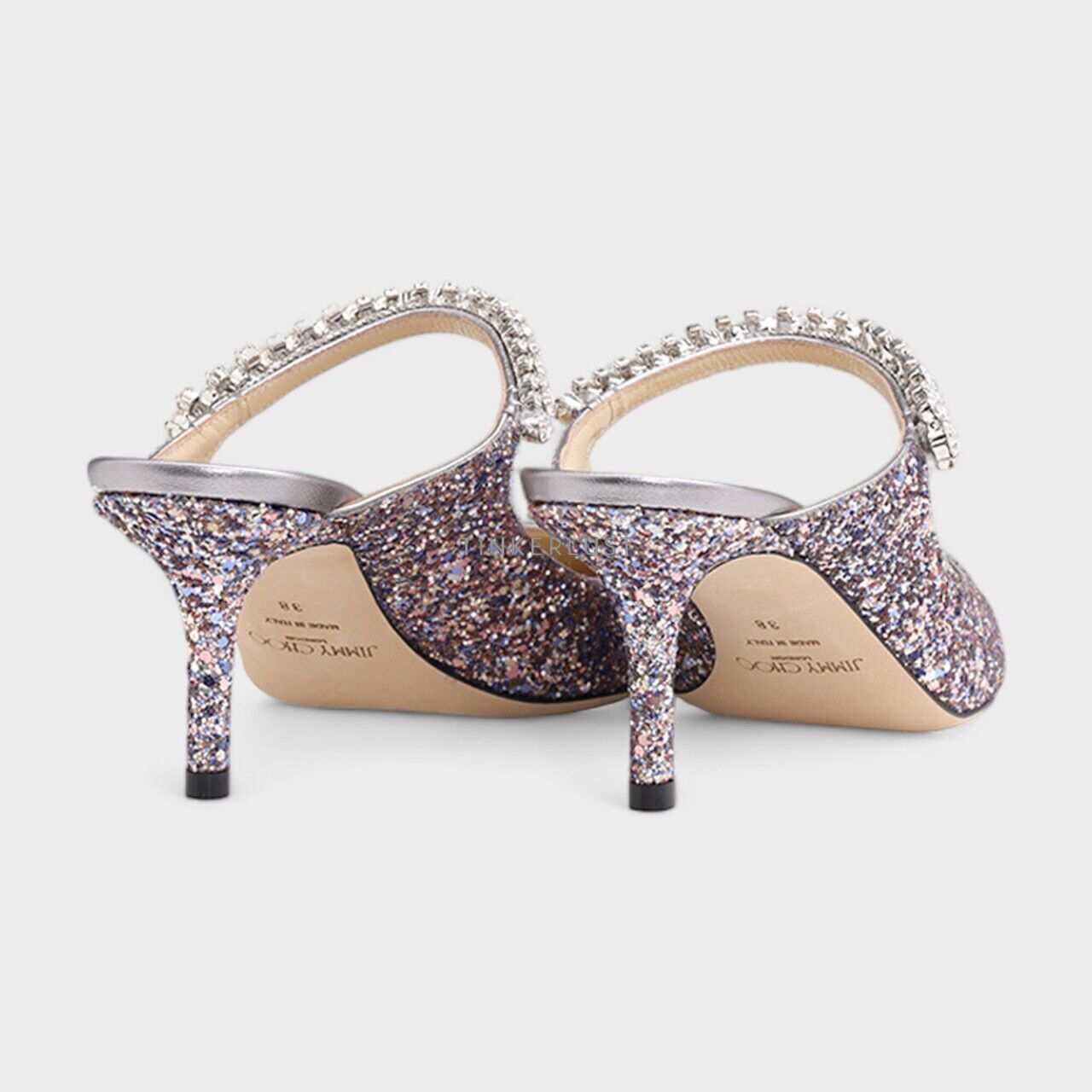 サンダル・ミュール JIMMY CHOO BING 65 CRYSTAL STRAP GLITTER HEEL MULES Bing 65 | Ballet Pink Patent Leather Mules with Crystal