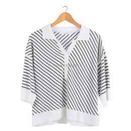 Et Cetera White & Dark Green Stripes Knit Blouse