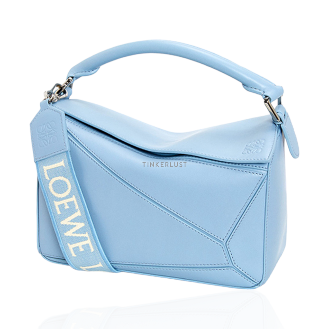 tas satchel Loewe Small Puzzle Bag in Dusty Blue Satin Calfskin with Jacquard Logo Shoulder Strap Satchel Tinkerlust