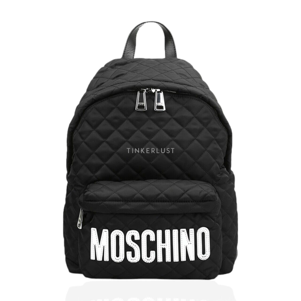 tas backpack Moschino Men Medium Logo Quilred Nylon Backpack in Black with Silver Logo Tinkerlust