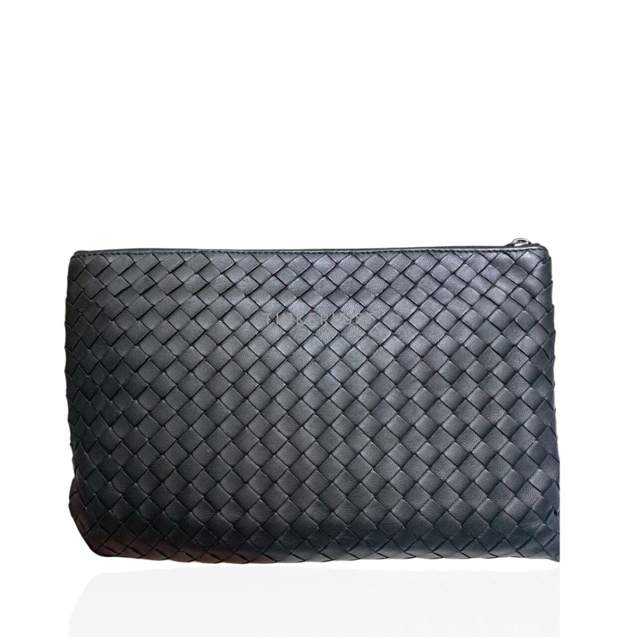 tas pouch Bottega Veneta Nappa Intrecciato Large Zip Leather Black Pouch |  Tinkerlust