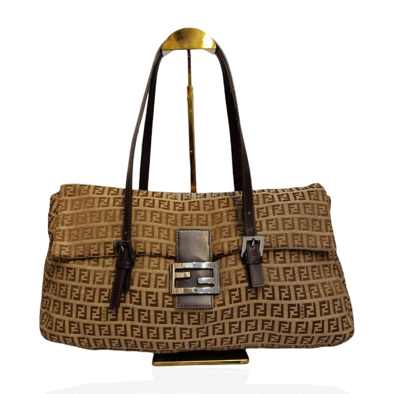 tas shoulder bag Fendi Zucchino FF Brown Canvas Shoulder Bag Tinkerlust