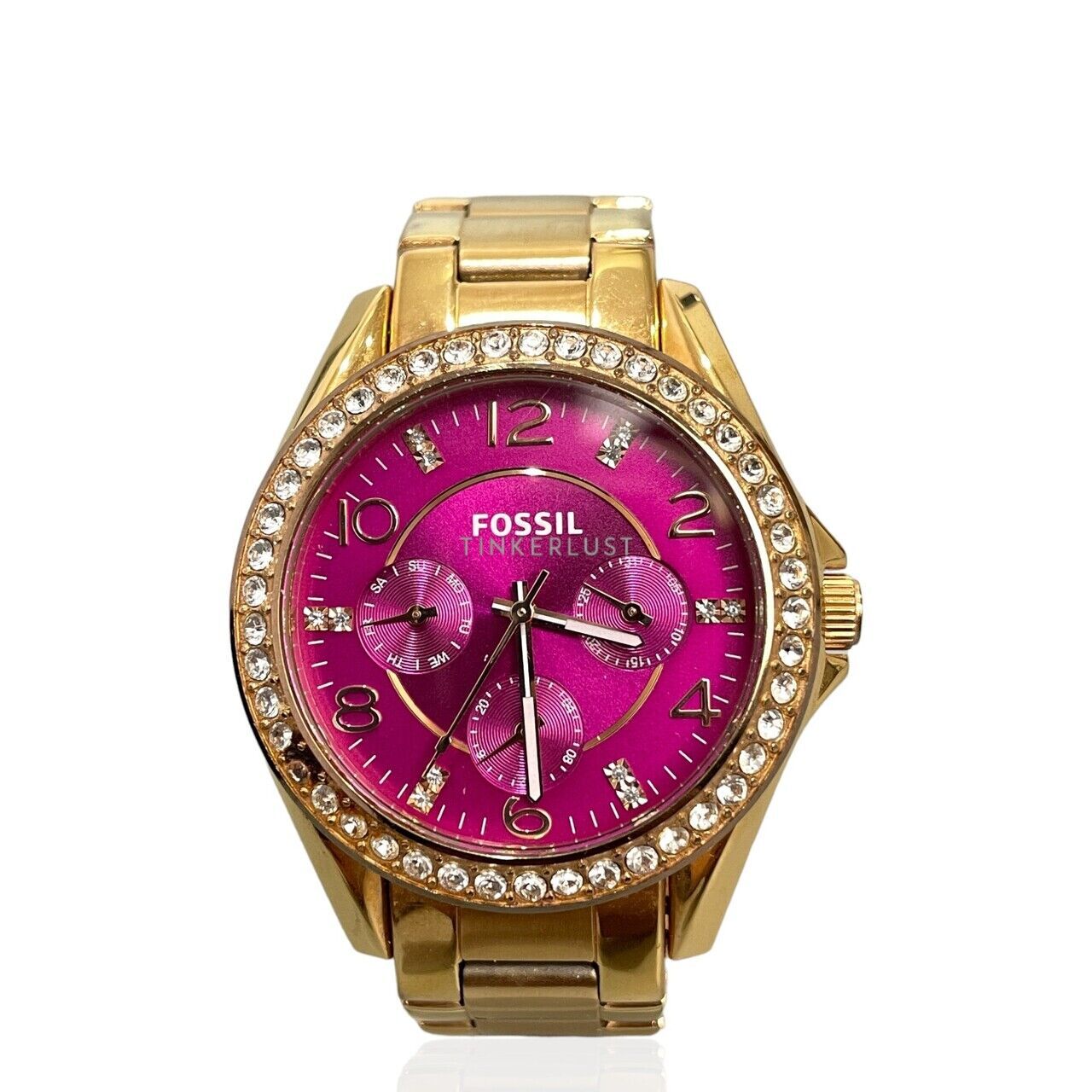 aksesoris jam tangan Fossil Riley Multi Function Pink Dial Gold Stainless Watch Tinkerlust