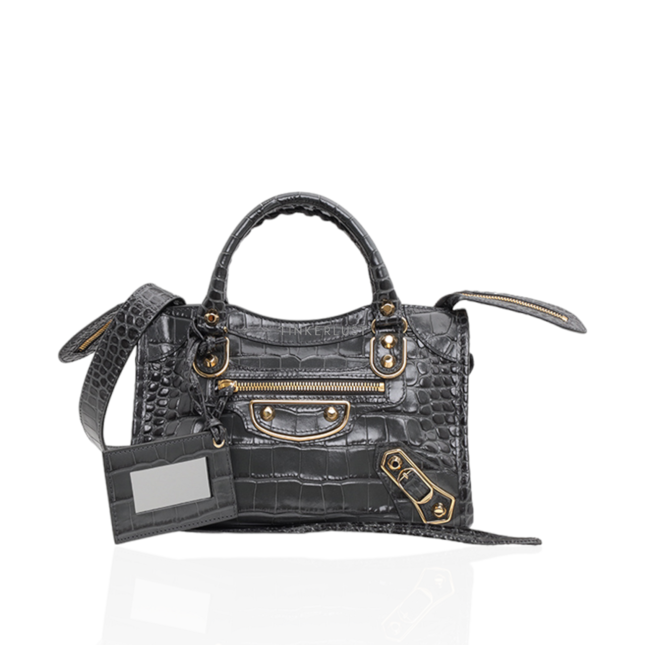 tas shoulder bag Balenciaga Mini Metallic Edge City in Dark Grey Croco stamped Leather GHW Shoulder Bag Tinkerlust