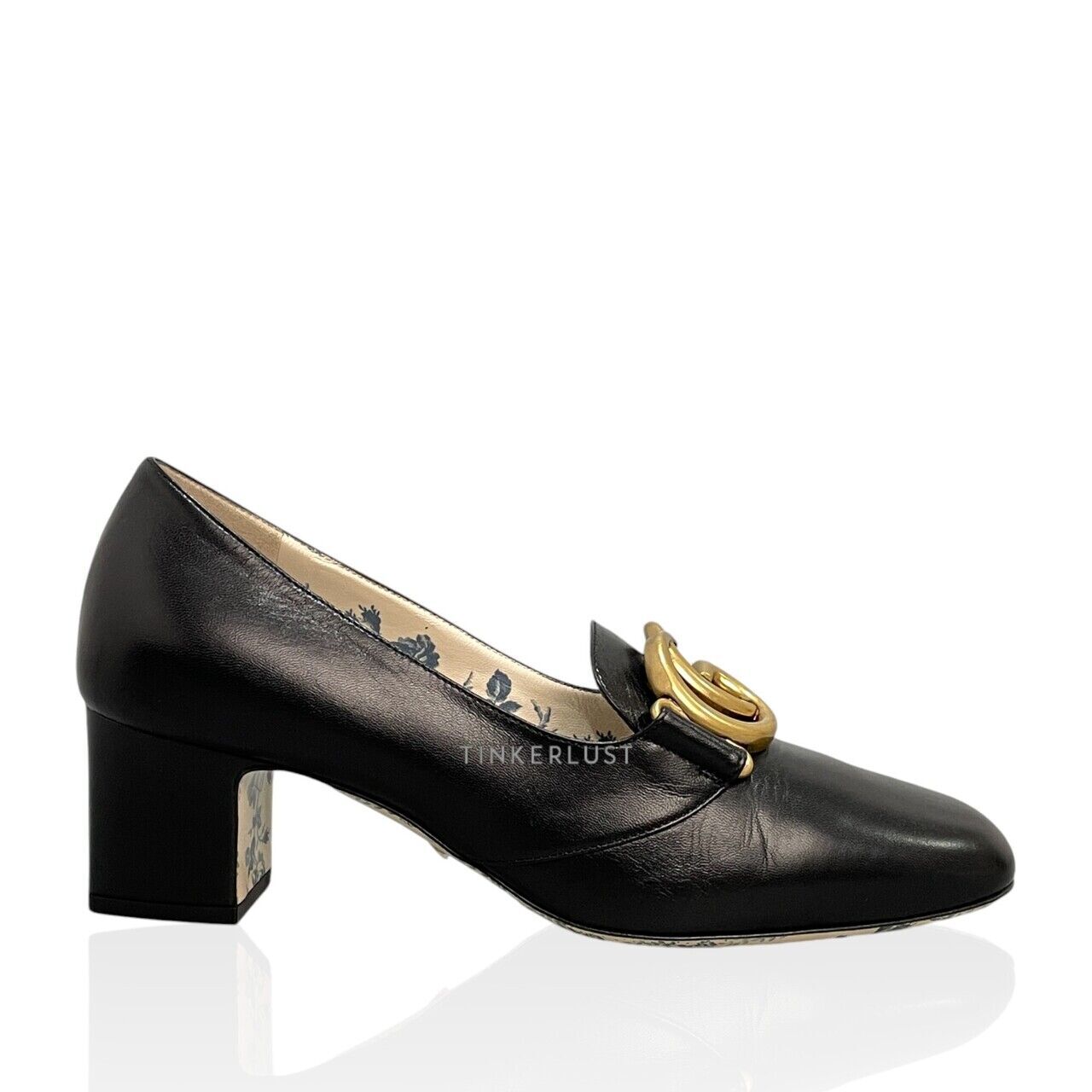 sepatu heels Gucci GG Victoire Malaga Kid 55 Black Loafer Pumps Tinkerlust