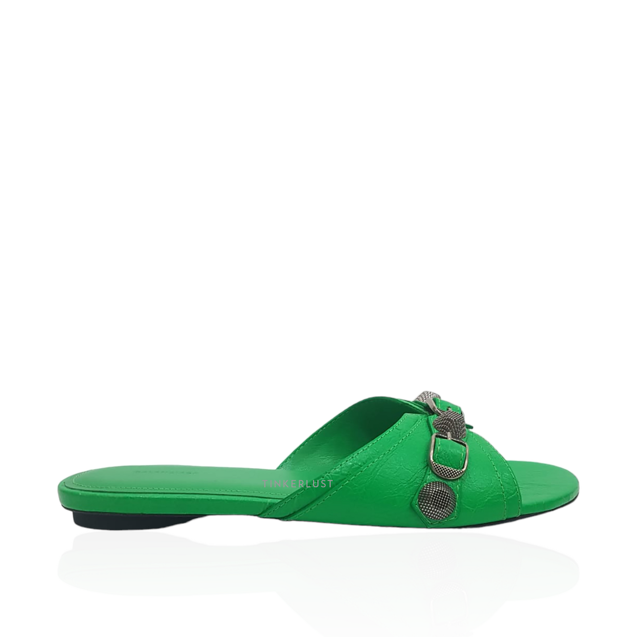 sepatu sandals Balenciaga Cagole Studed Leather Green Flat