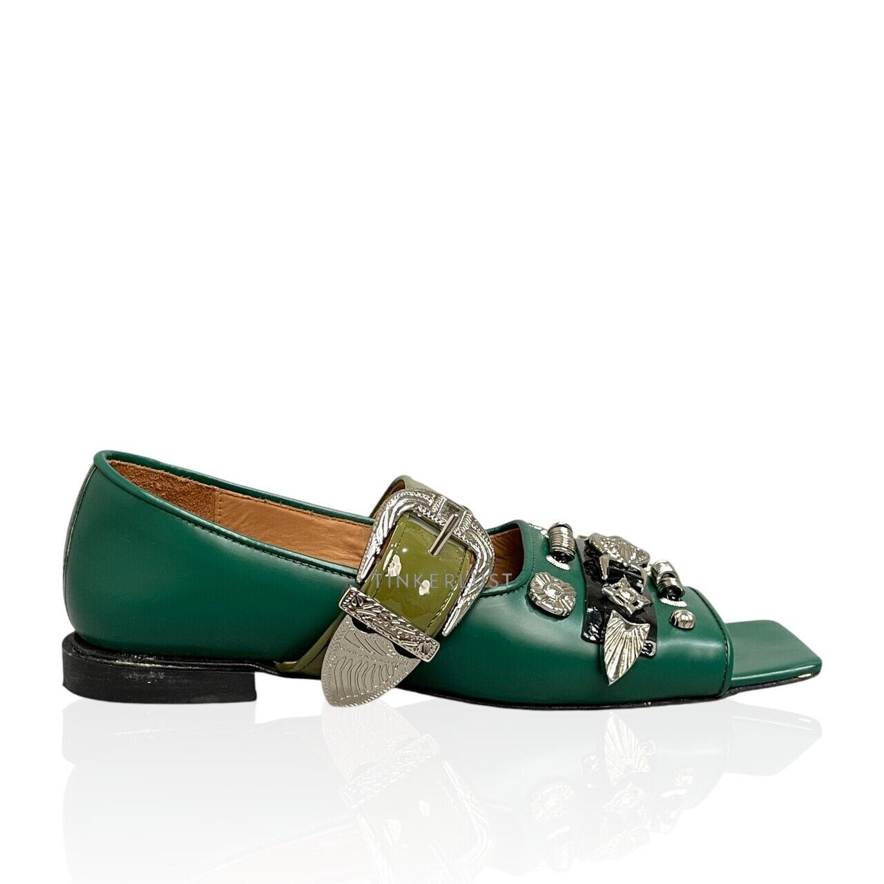 sepatu flats Toga Pulla Dark Green Mix Leather Buckle Open