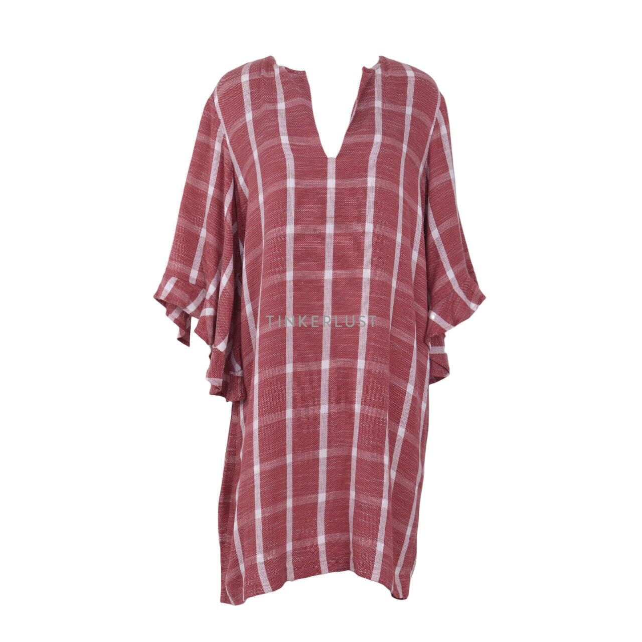 pakaian dress midi dress BCBG Max Azria Tati Maroon Plaid V Neck