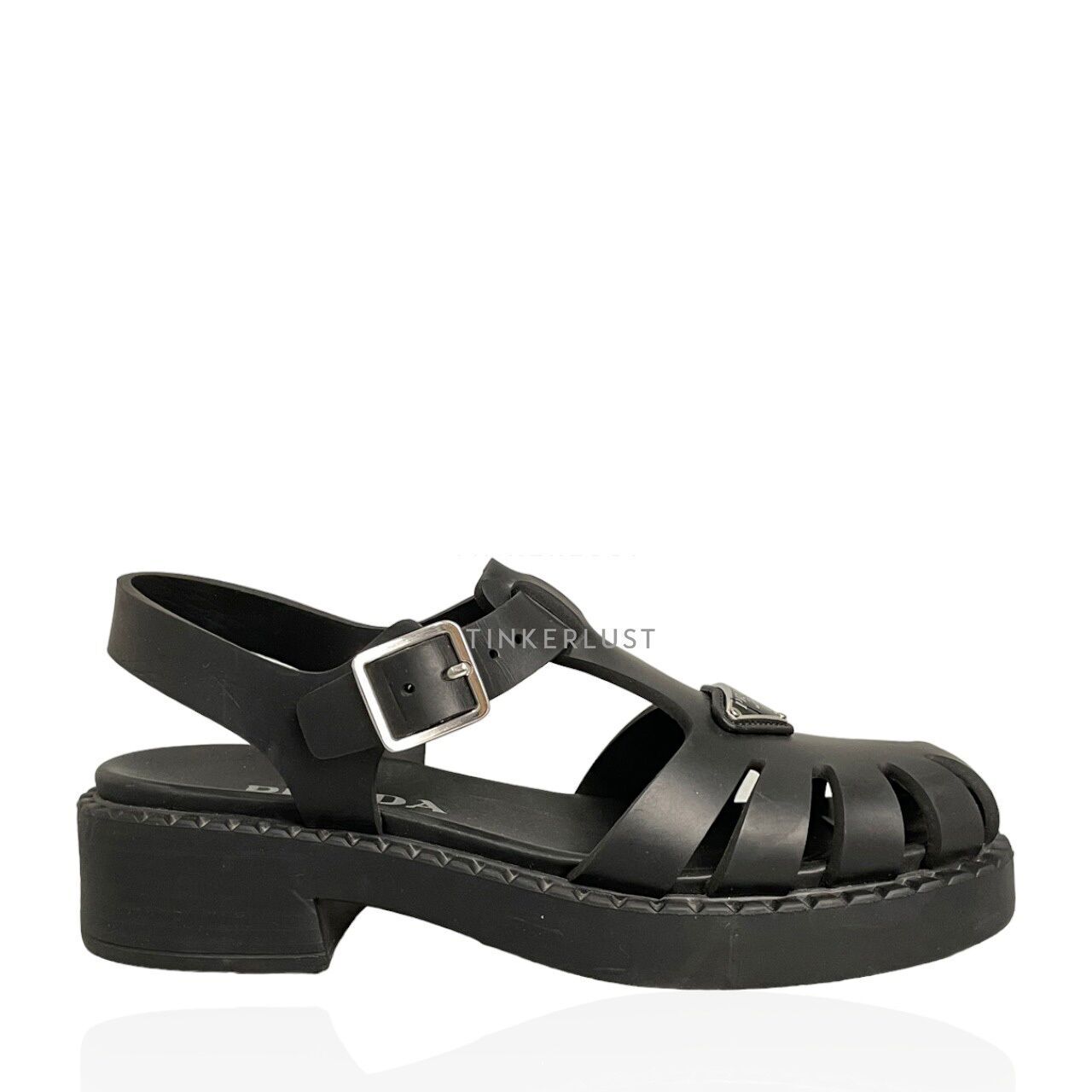 sepatu sandals Prada Black Rubber Cage Sandals | Tinkerlust