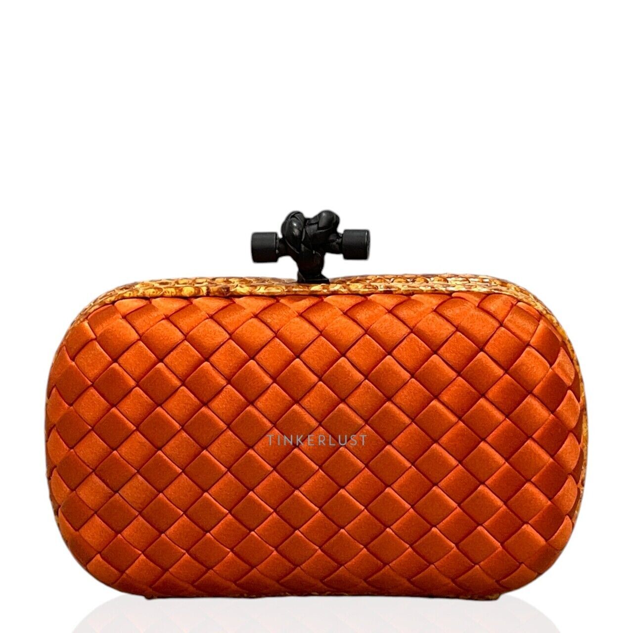 tas clutch Bottega Veneta Intrecciato Impero Ayers Knot Orange Satin Clutch Tinkerlust