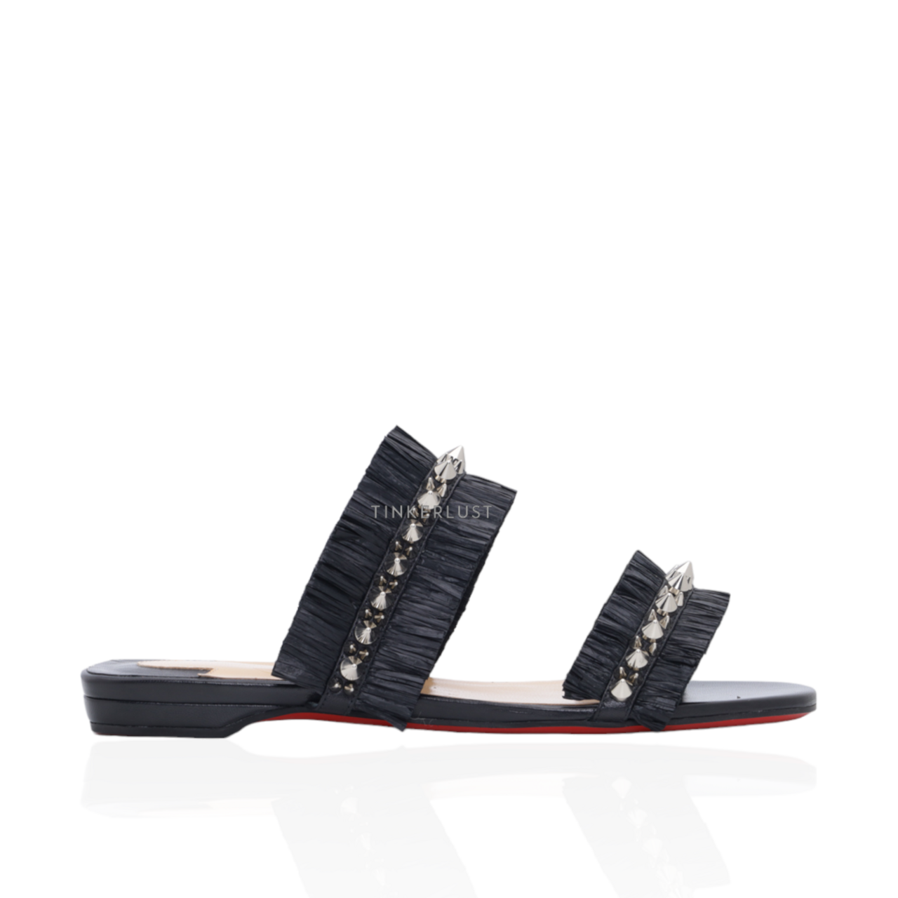 sepatu sandals Christian Louboutin Marivodou Raffia Flat Sandals in Black with Silver Spikes Tinkerlust