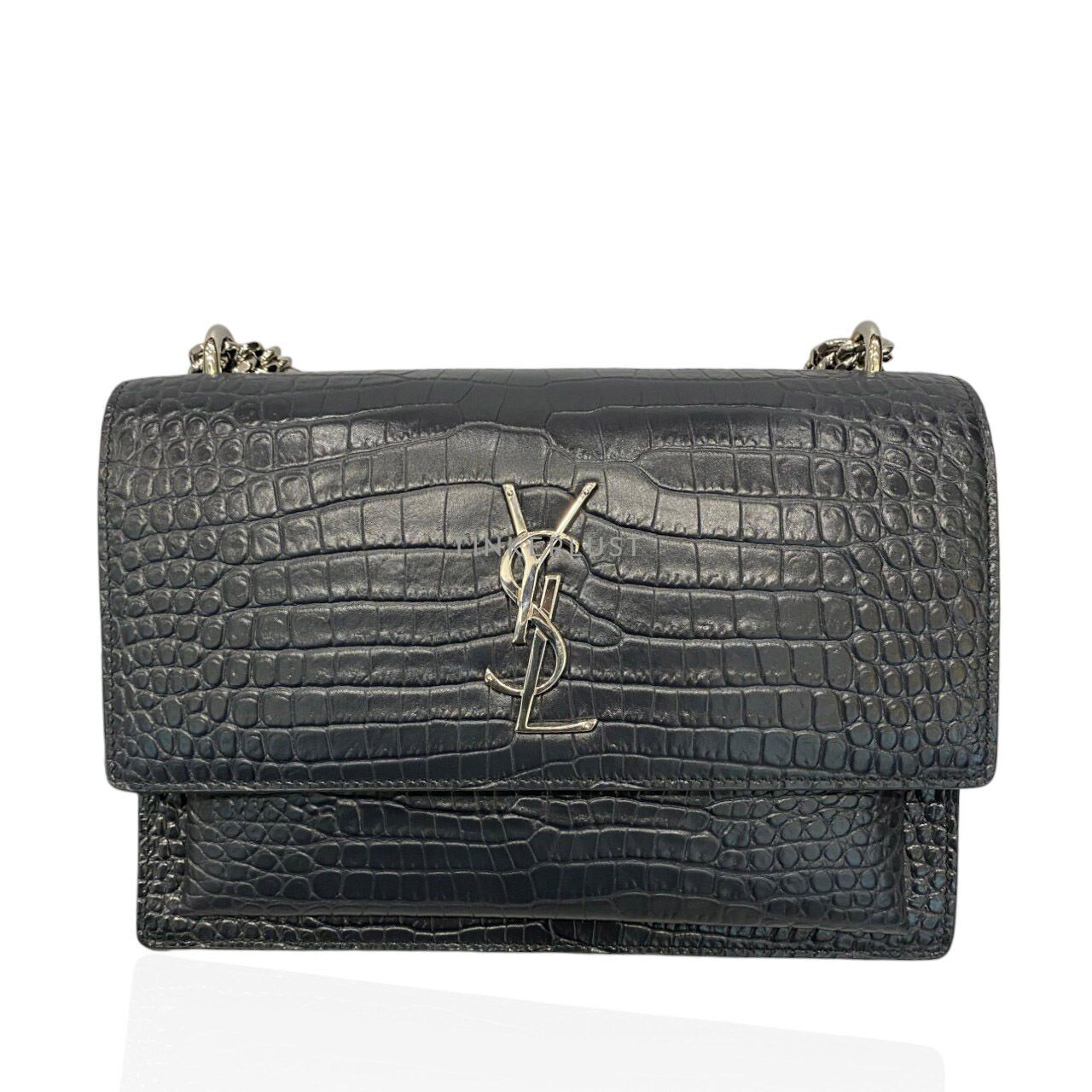 tas shoulder bag Saint Laurent Sunset Medium Croco Embossed Dark Grey SHW Shoulder Bag Tinkerlust