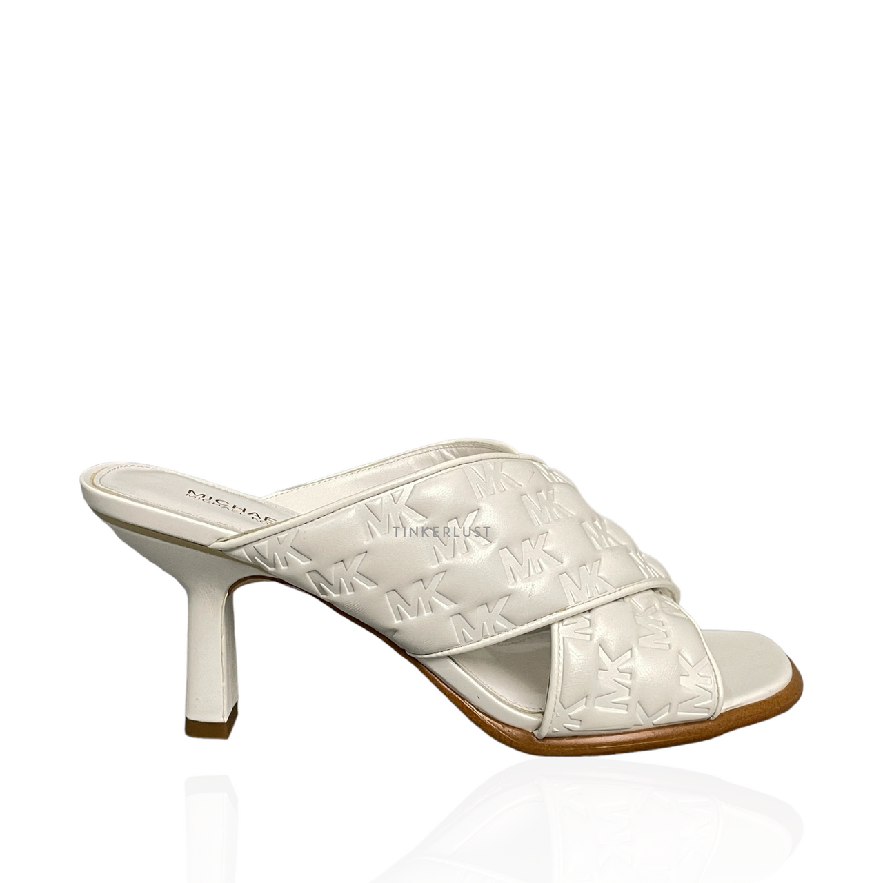 sepatu heels Michael Kors Gideon Embossed Logo White Mules