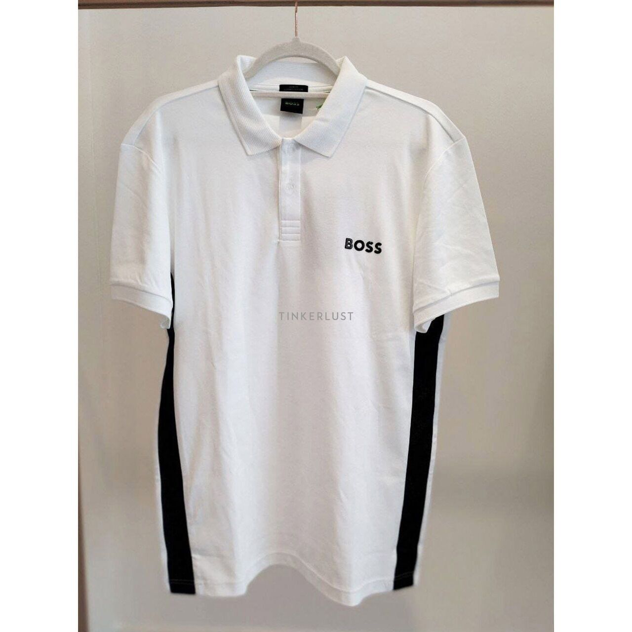 pakaian atasan kaos Hugo Boss Men Polo Shirt Plender Street London Paule in White with Embossed Logo Black Tinkerlust