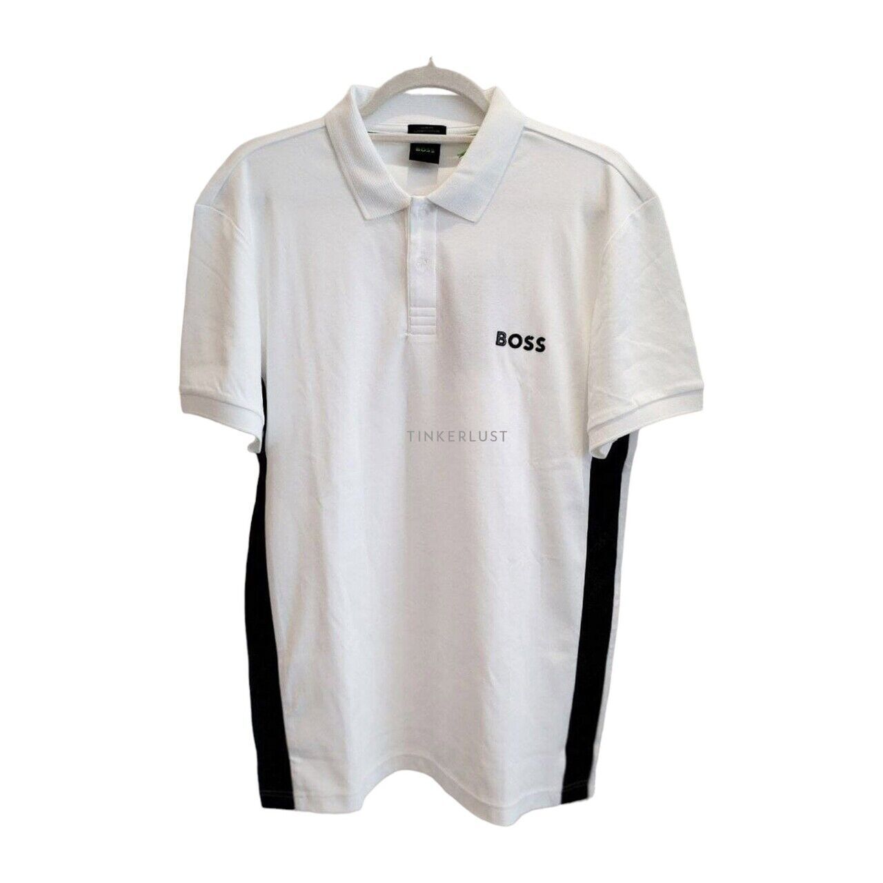 pakaian atasan kaos Hugo Boss Men Polo Shirt Plender Street London Paule in White with Embossed Logo Black Tinkerlust