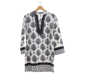 The Executive Off White & Black Tunic Pattern Blouse