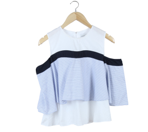 Cotton Ink White And Blue Cold Shoulder Blouse