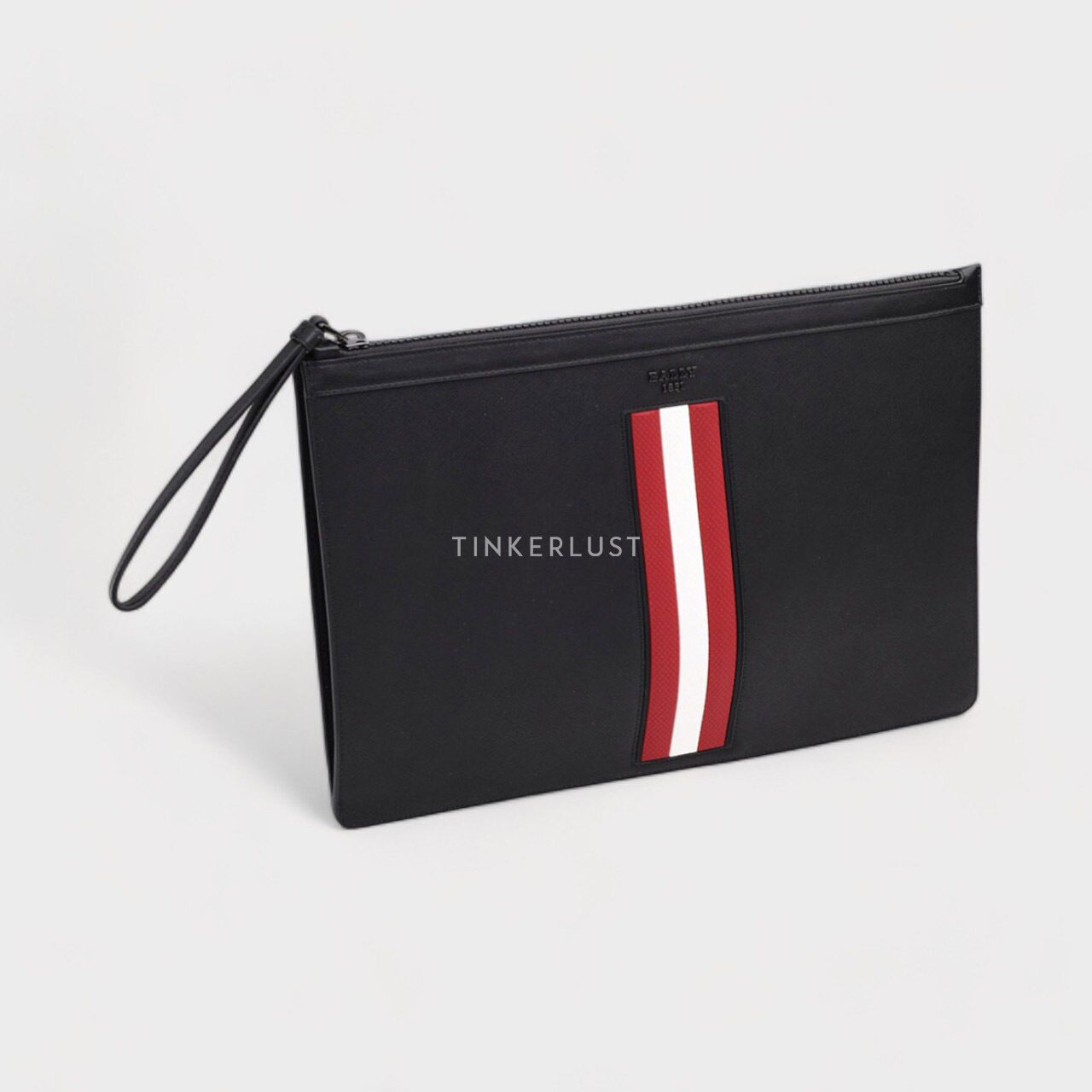 tas pouch Bally Men Bollis Pouch in Black Red White Bovine Leather with Stripe Tinkerlust