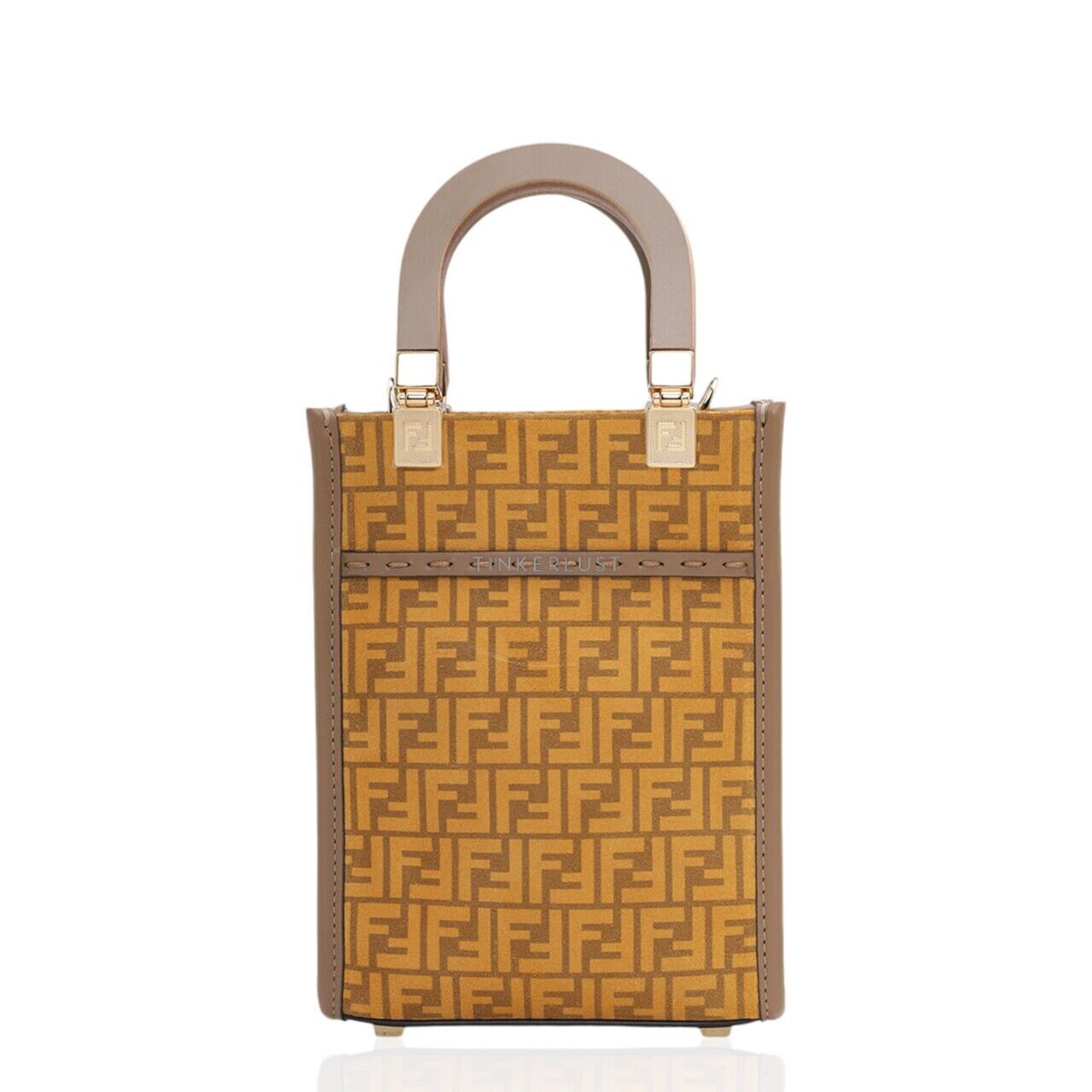 tas satchel Fendi Mini All Over FF Logo Sunshine Shopper Bag in Yellow Sand Suede x Leather with Wood Handle Satchel Bag Tinkerlust