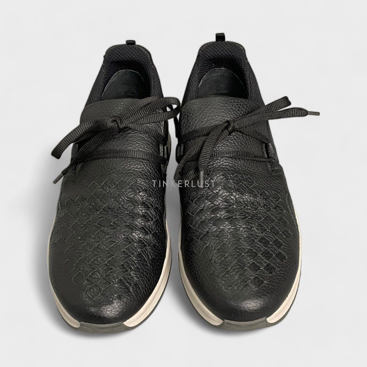 sepatu sneakers Bottega Veneta Leather Woven Lace Up Black