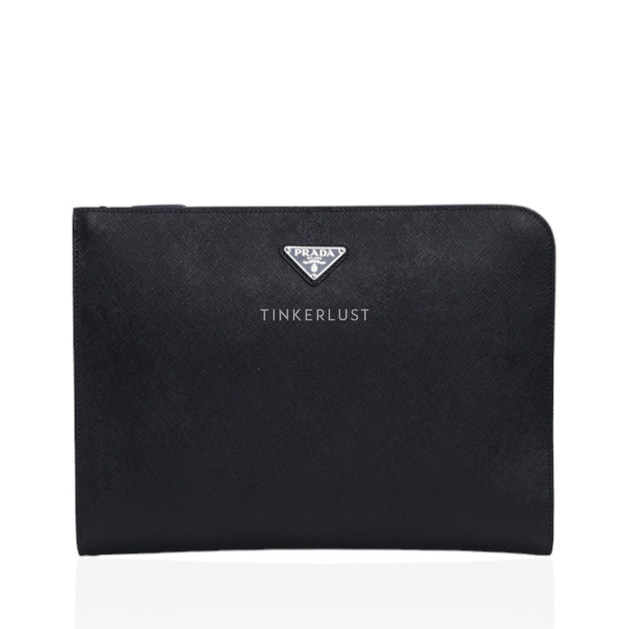 tas clutch Prada Triangle Logo Zipper Briefcase in Black Saffiano Leather Clutch Tinkerlust