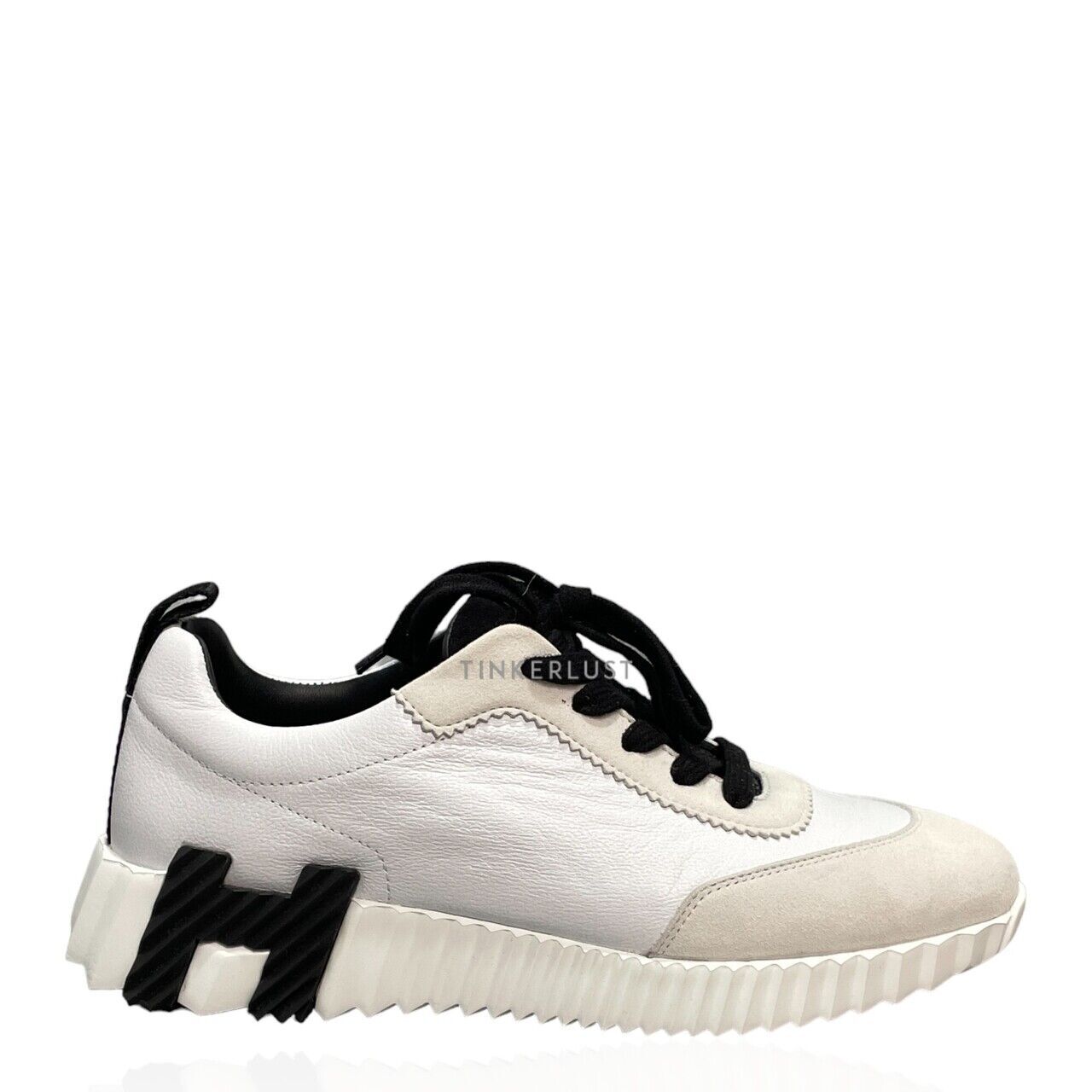 sepatu sneakers Hermes Femme Bouncing in Goatskin Suede Goatskin White and Black Sneakers Tinkerlust