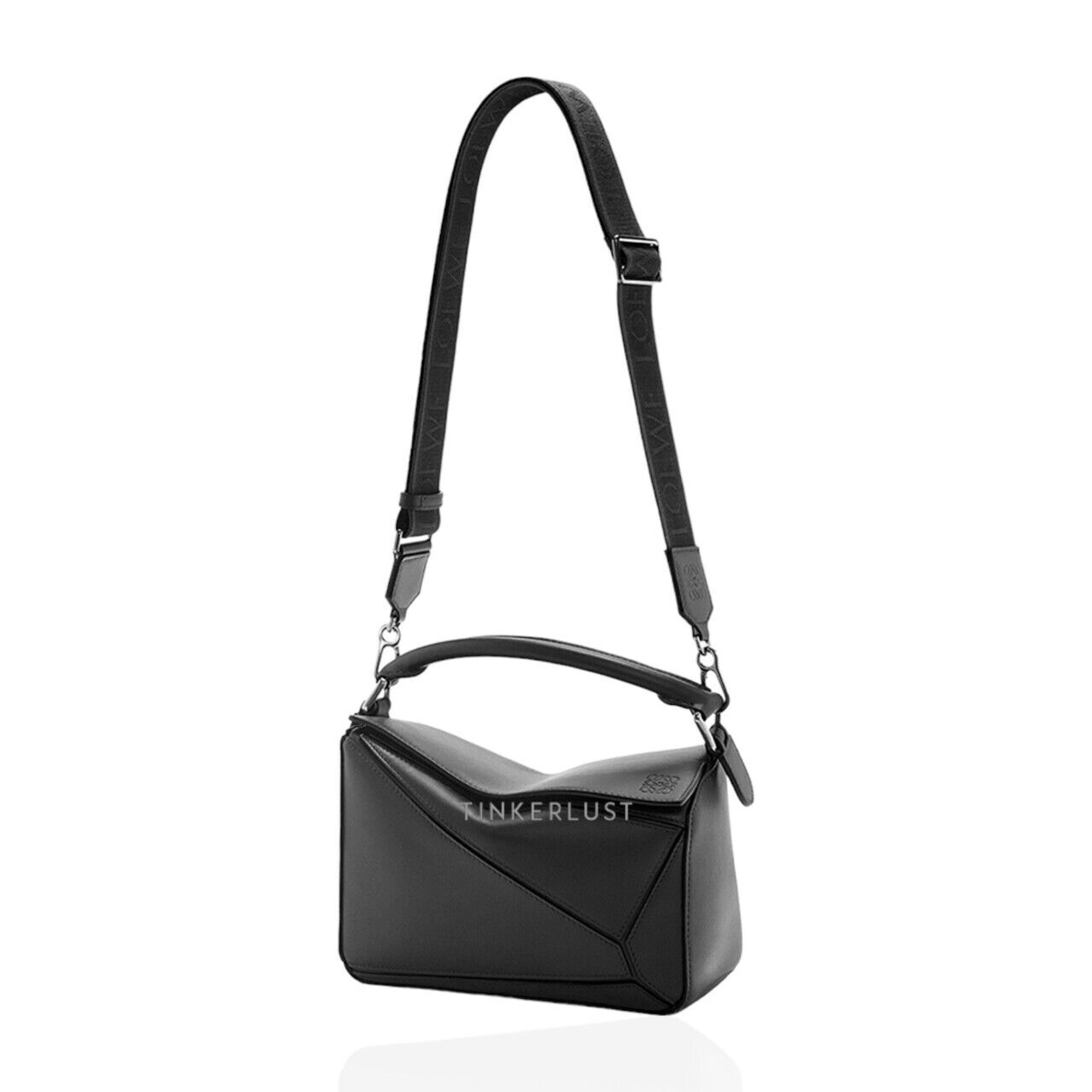 tas satchel Loewe Small Puzzle Bag in Black Satin Calfskin with Jacquard Shoulder Bag Tinkerlust