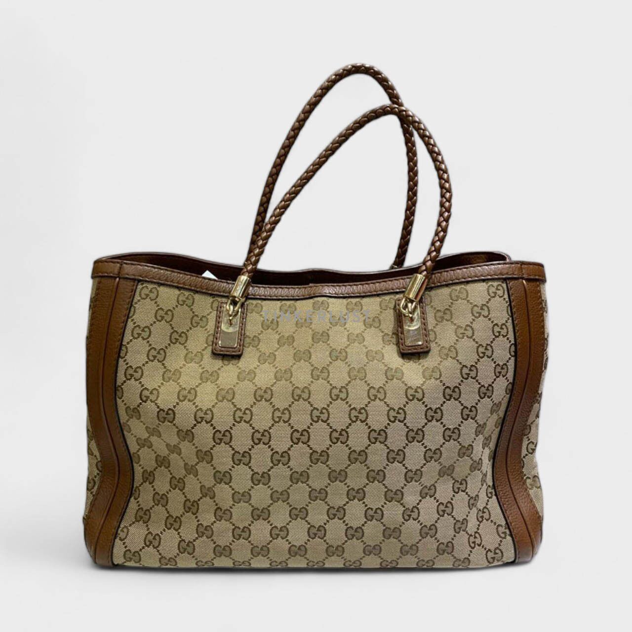 tas tote bag Gucci Bella Bamboo Canvas Leather Brown Tote Bag Tinkerlust