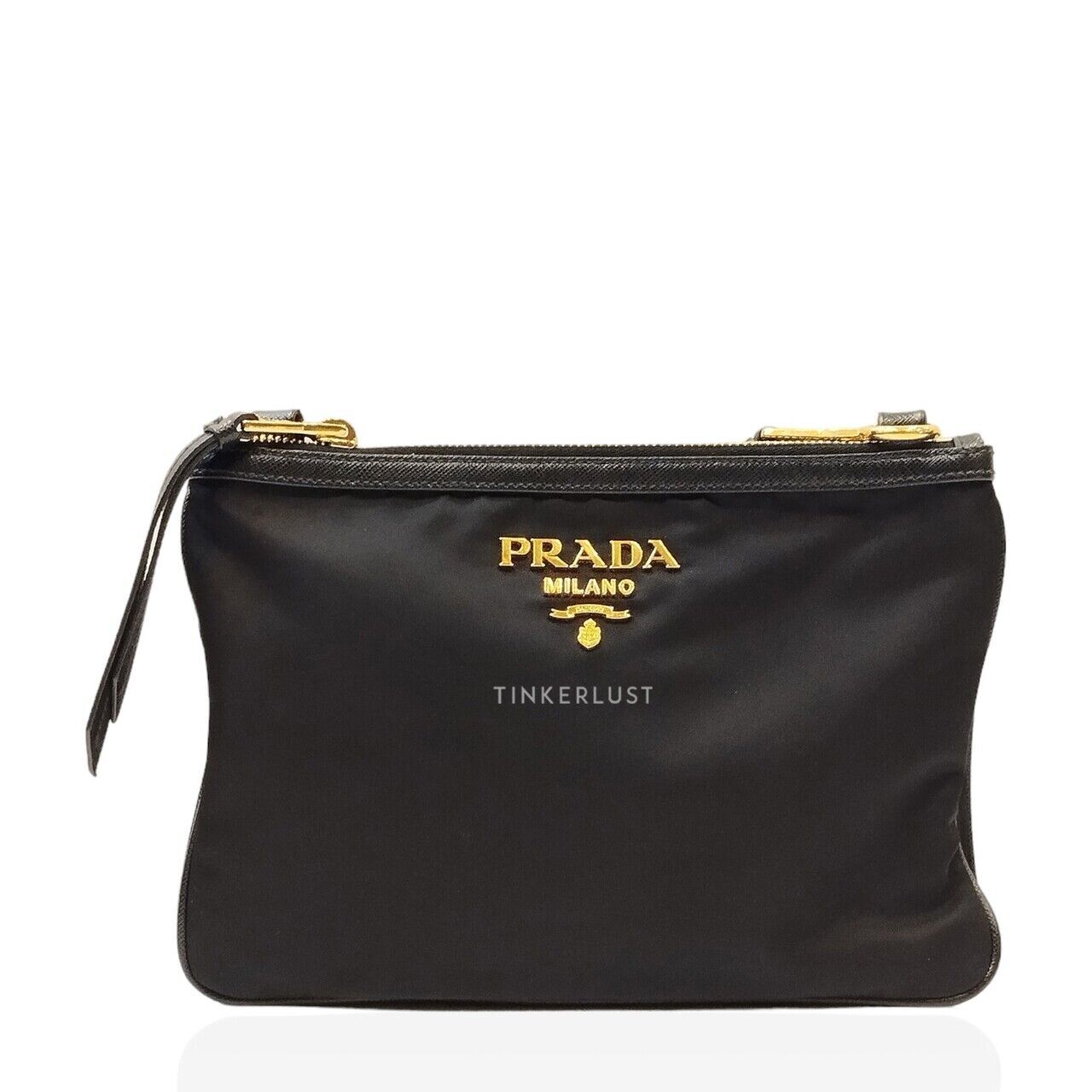 tas sling bag Prada 1BH046 Tessuto Nylon Double Zipper Black Sling Bag Tinkerlust